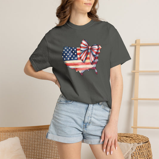 USA Flag Map T‑Shirt with Patriotic Bow — Fourth of July American Pride Tee