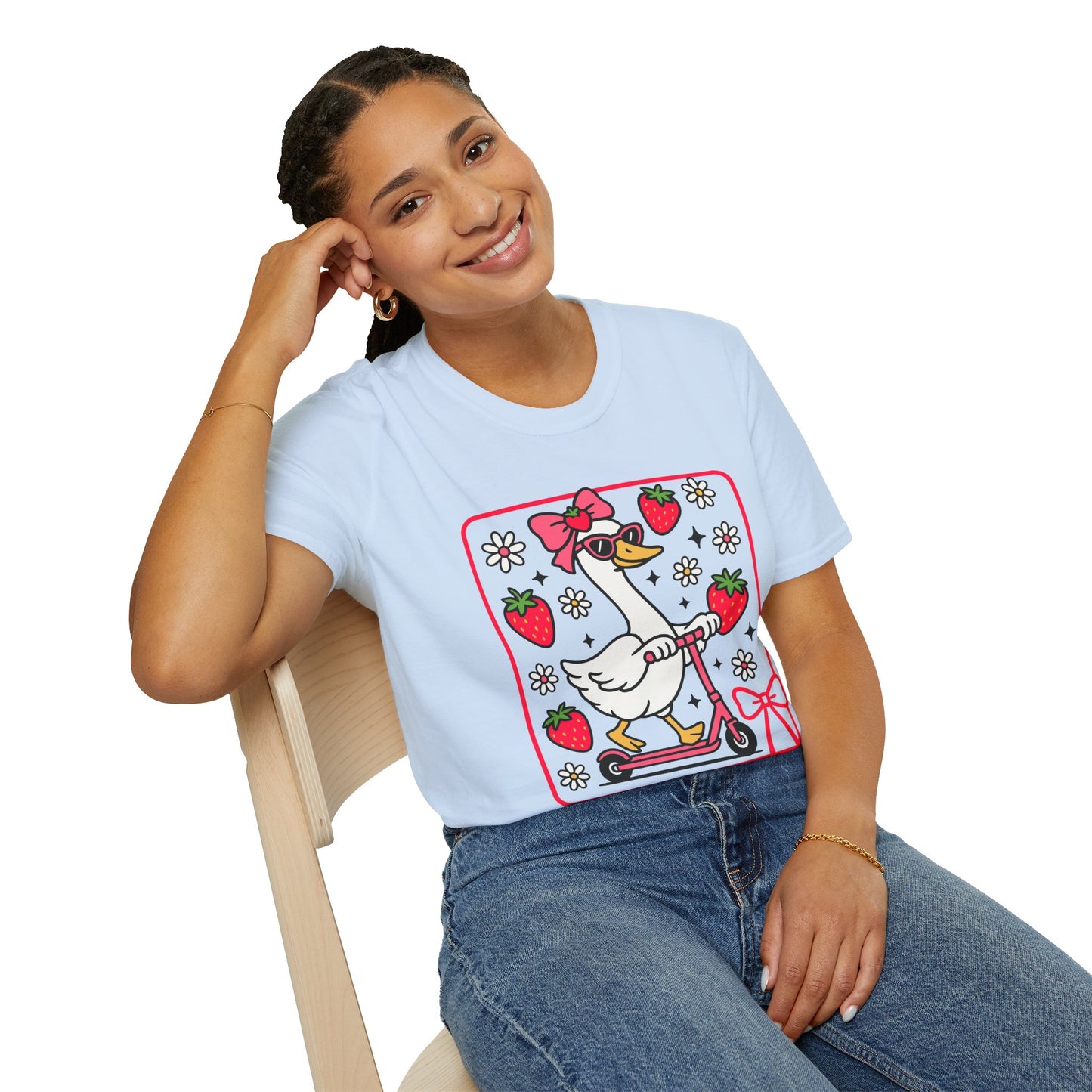 Cute Goose on Scooter T‑Shirt — Strawberry & Bow Graphic Tee