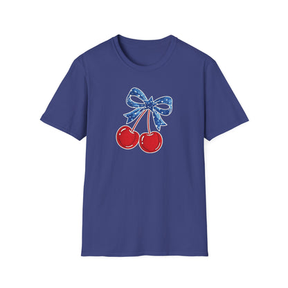 Cherry Graphic T-Shirt — Vintage Red Cherries with Blue Bow