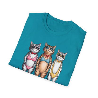Funny Cats in Bathing Suits T-Shirt — Retro Trio Cat Beach Tee