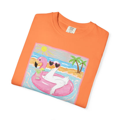 Summer Flamingo Pool Float T-Shirt – ‘Good Vibes & Sunshine’ Beach Tee