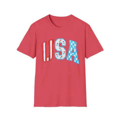 USA Patriotic T-Shirt — Red White & Blue Lettering Tee