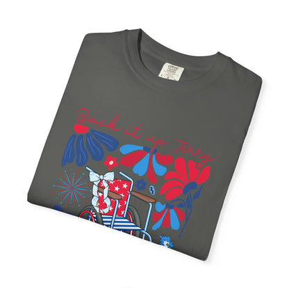 Fourth of July Beach Wheelchair T-Shirt — Patriotic Floral "Pack it up, Jerry" Tee