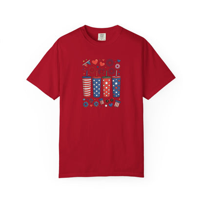 Patriotic Fireworks Cups T-Shirt — USA 4th of July Graphic Tee