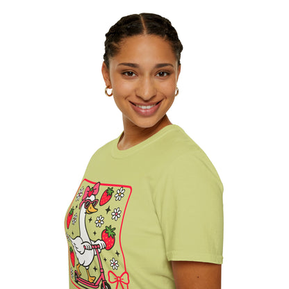 Cute Goose on Scooter T‑Shirt — Strawberry & Bow Graphic Tee