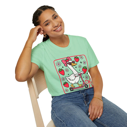 Cute Goose on Scooter T‑Shirt — Strawberry & Bow Graphic Tee