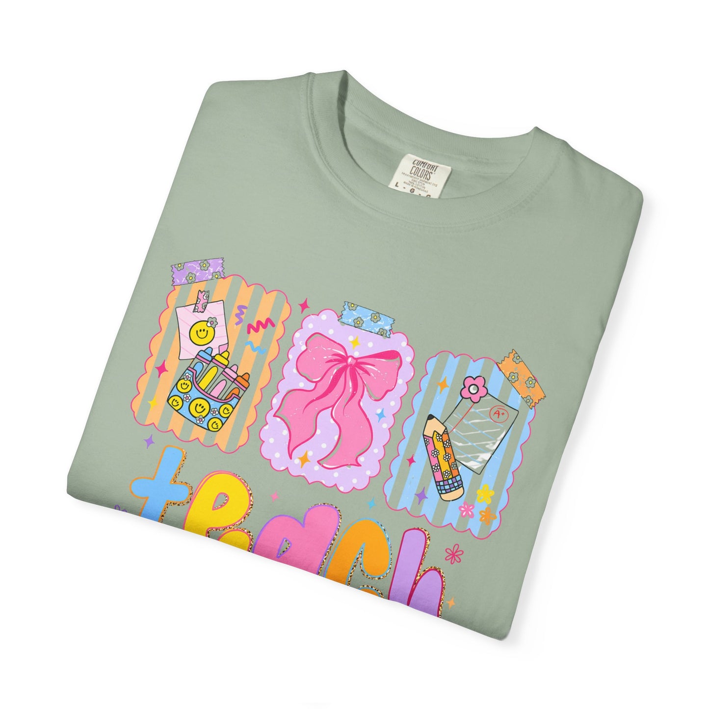 Teacher Gift T‑Shirt — Colorful 'Teach' Classroom Apple & Supplies Design