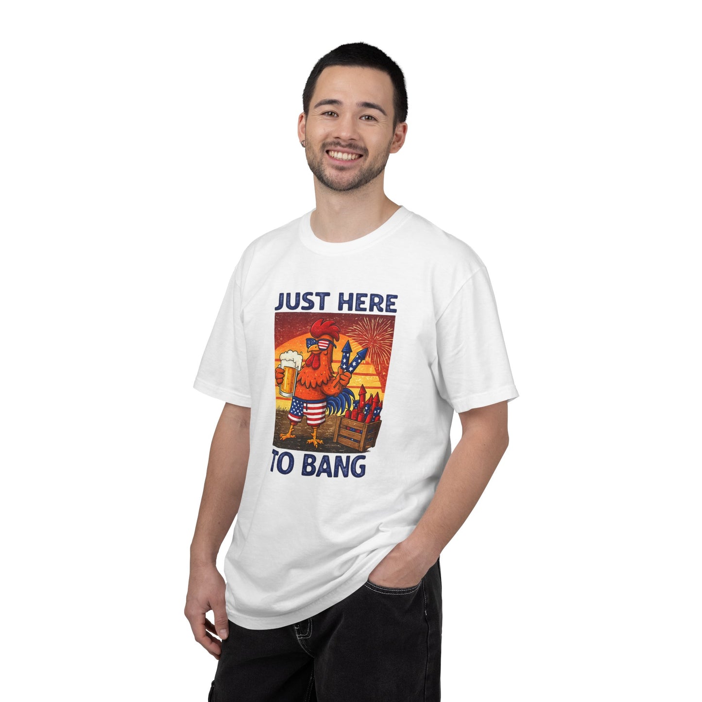T-Shirt — "Just Here to Bang" Rooster Liberty BBQ Graphic Tee