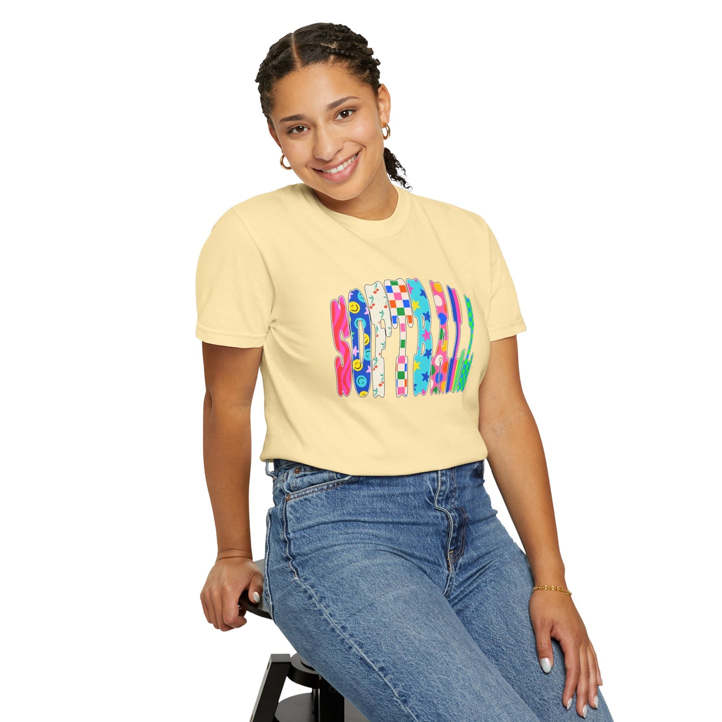 Smile Block Graphic T-Shirt — Colorful Patterned 'SMILE' Design