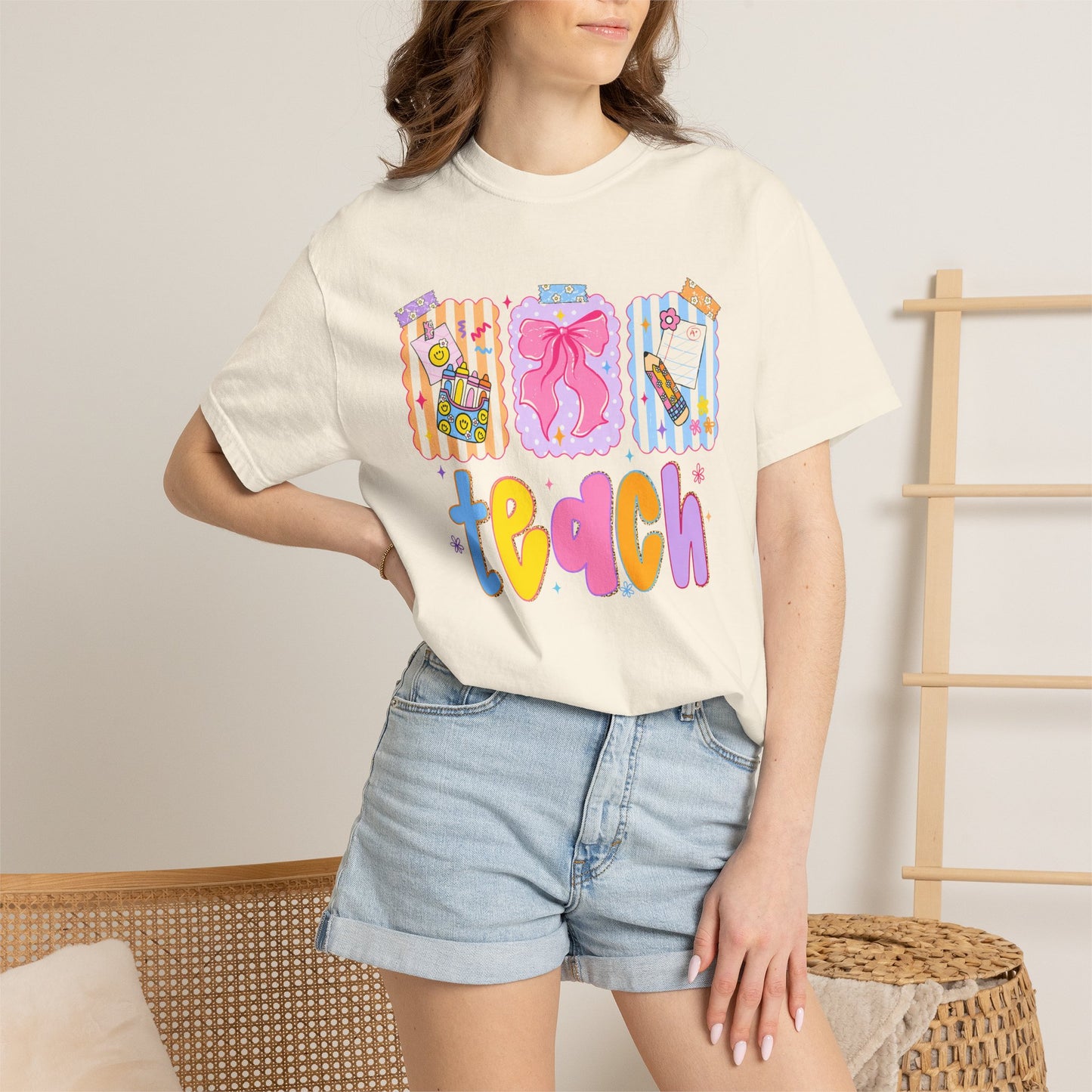 Teacher Gift T‑Shirt — Colorful 'Teach' Classroom Apple & Supplies Design