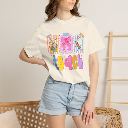 Teacher Gift T‑Shirt — Colorful 'Teach' Classroom Apple & Supplies Design