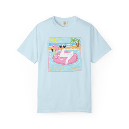 Summer Flamingo Pool Float T-Shirt – ‘Good Vibes & Sunshine’ Beach Tee