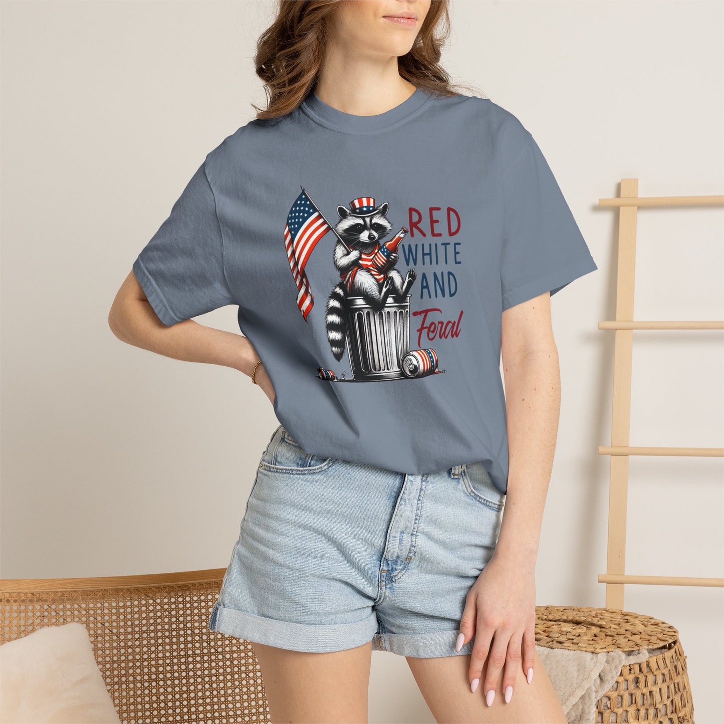 T-Shirt — 'Red, White and Feral' Raccoon American Flag Graphic