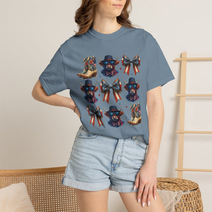 Patriotic Cowboy Icons T-Shirt — Western Boots, Hats & Bows Graphic Tee
