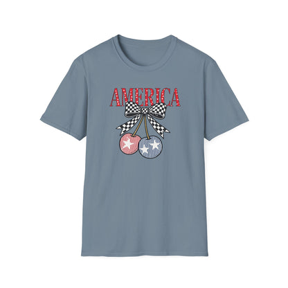 America Cherry Graphic T-Shirt – Patriotic Stars & Stripes Fourth of July Tee