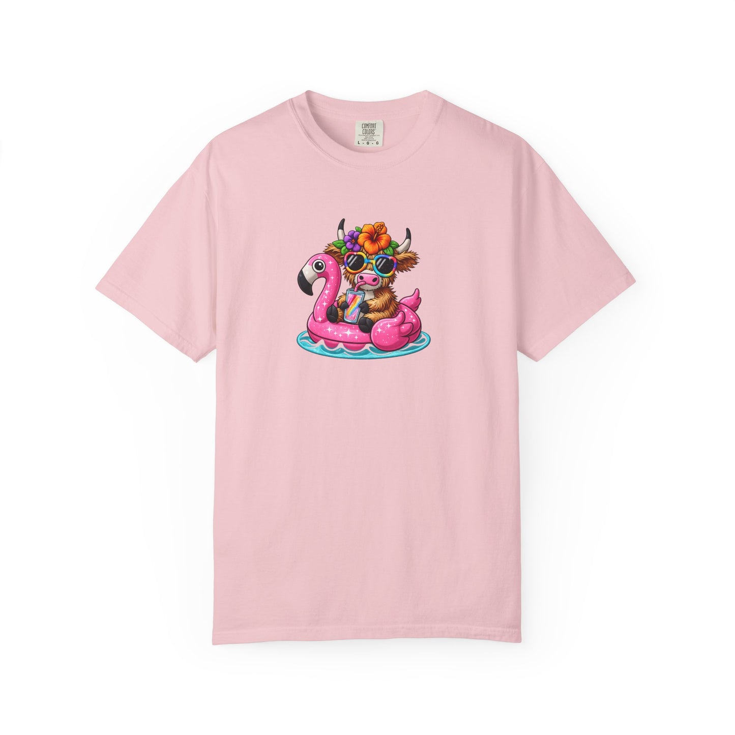Cute cow on Pink Flamingo Float Graphic T-Shirt — Summer Pool Party Tee
