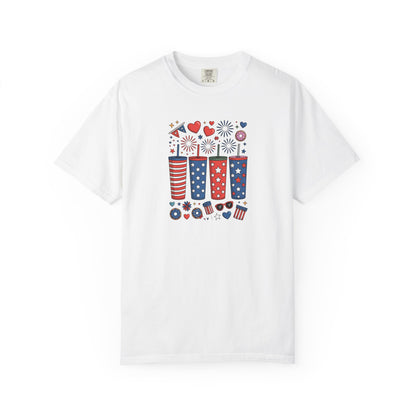 Patriotic Fireworks Cups T-Shirt — USA 4th of July Graphic Tee