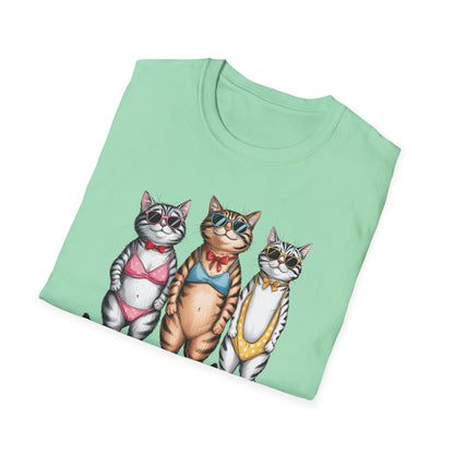 Funny Cats in Bathing Suits T-Shirt — Retro Trio Cat Beach Tee