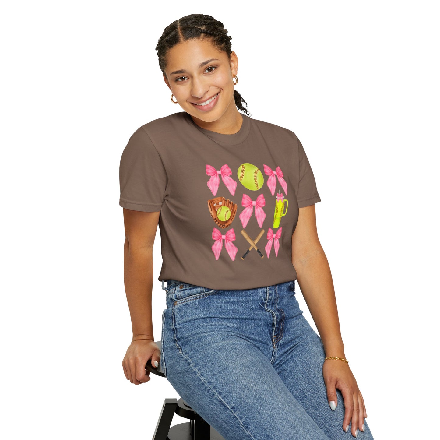 Softball Mom Graphic T‑Shirt — Pink Bows, Glove & Bat Design