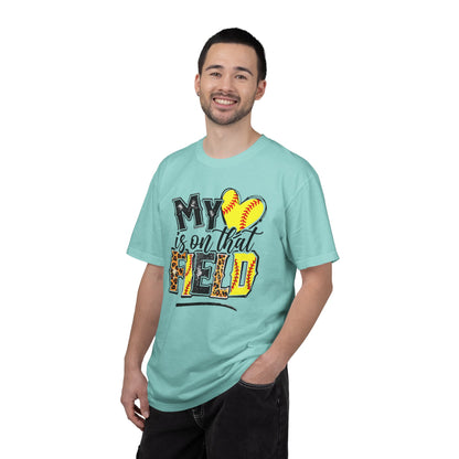 Softball Mom T-Shirt - "My Heart is on That Field" Leopard Stitch Design