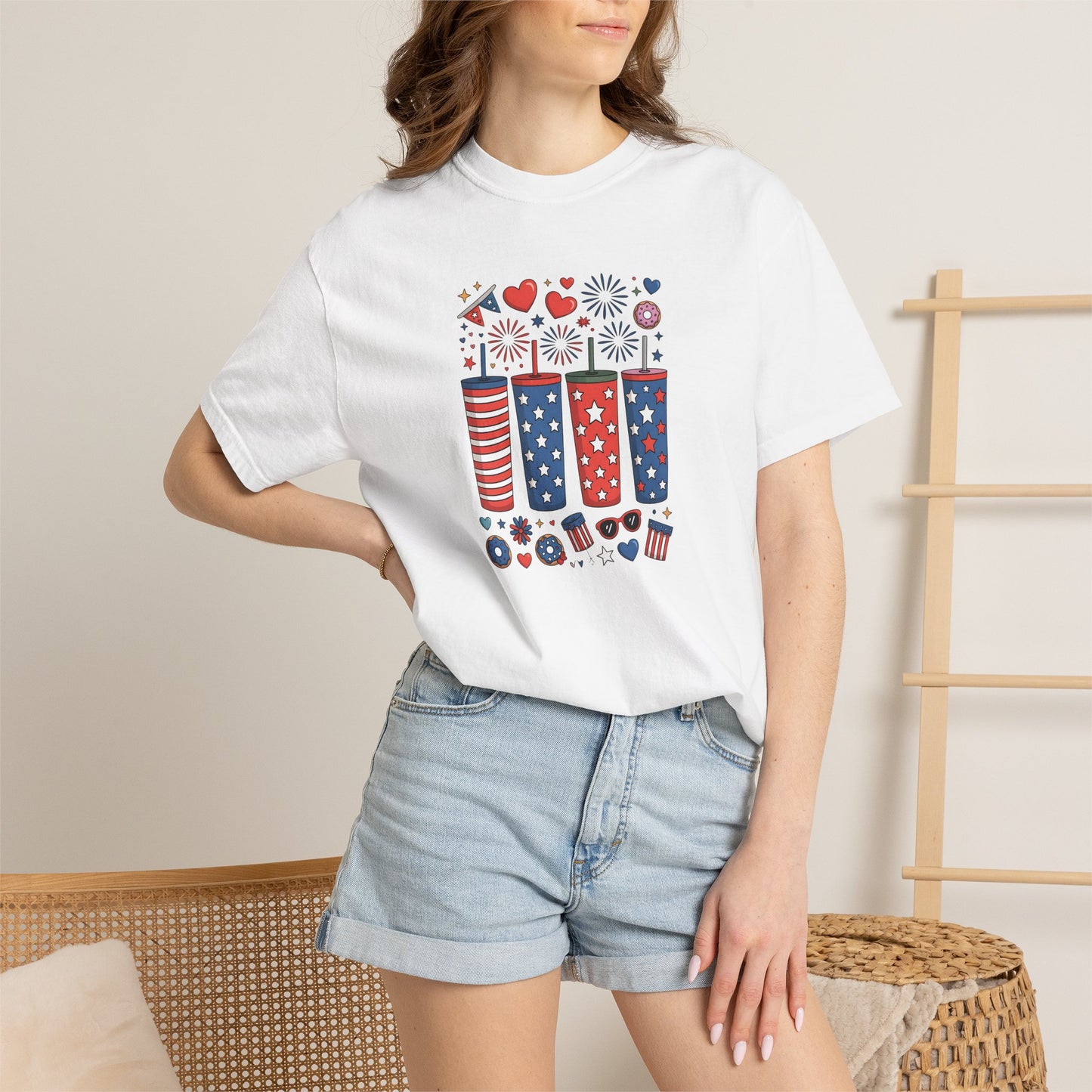 Patriotic Fireworks Cups T-Shirt — USA 4th of July Graphic Tee
