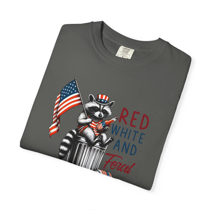 T-Shirt — 'Red, White and Feral' Raccoon American Flag Graphic