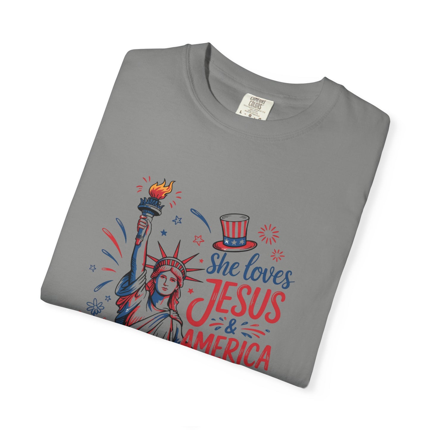 She Loves Jesus & America Tee — Patriotic Statue of Liberty Christian T-Shirt
