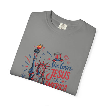 She Loves Jesus & America Tee — Patriotic Statue of Liberty Christian T-Shirt