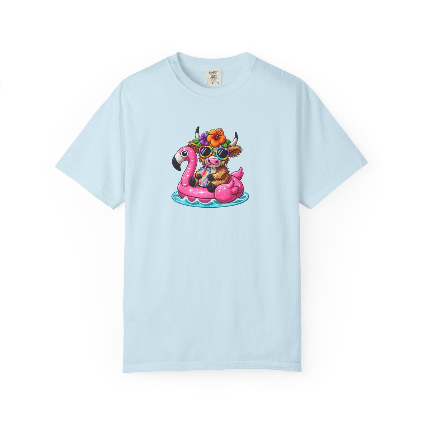 Cute cow on Pink Flamingo Float Graphic T-Shirt — Summer Pool Party Tee