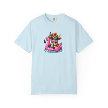 Cute cow on Pink Flamingo Float Graphic T-Shirt — Summer Pool Party Tee
