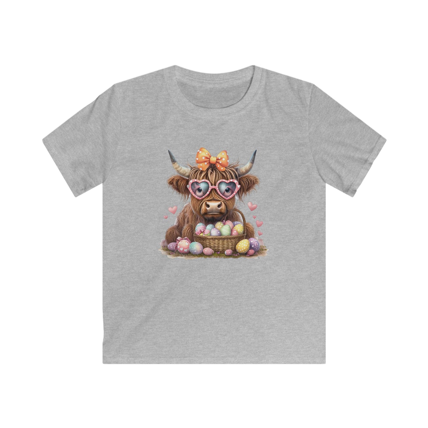 Kids Tee — Cute Highland Cow with Heart Sunglasses & Easter Basket