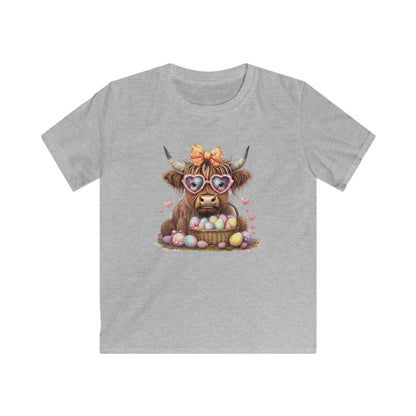 Kids Tee — Cute Highland Cow with Heart Sunglasses & Easter Basket