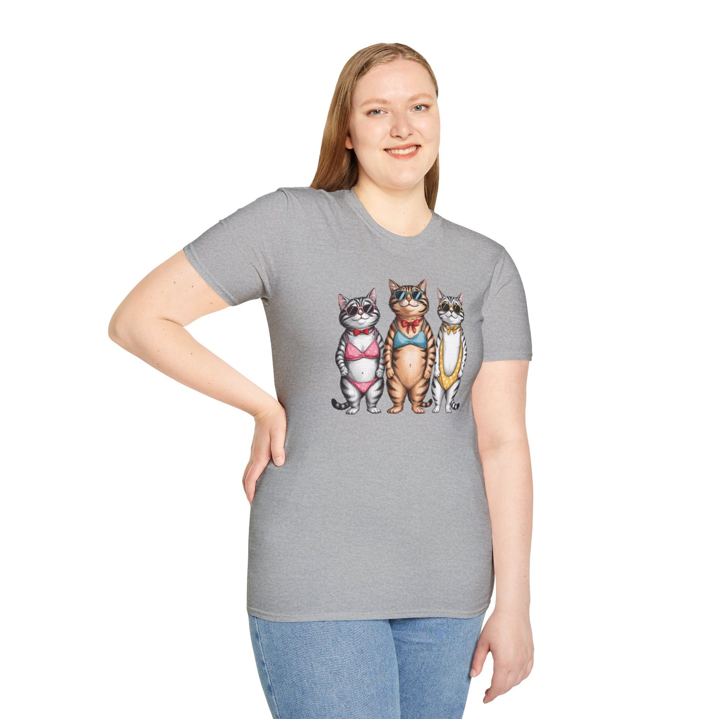Funny Cats in Bathing Suits T-Shirt — Retro Trio Cat Beach Tee
