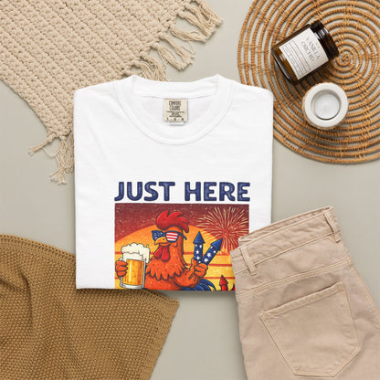 T-Shirt — "Just Here to Bang" Rooster Liberty BBQ Graphic Tee