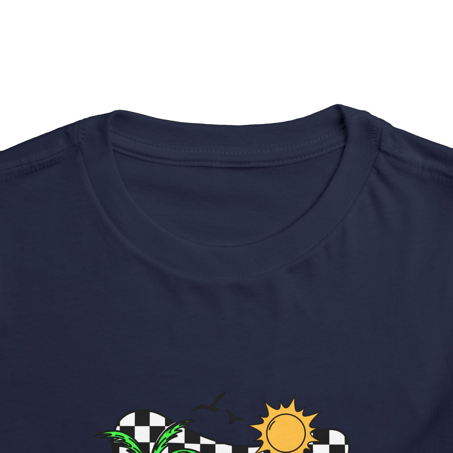 Toddler Tee — "Beach Vibes" Surfboard & Palm Tree Graphic