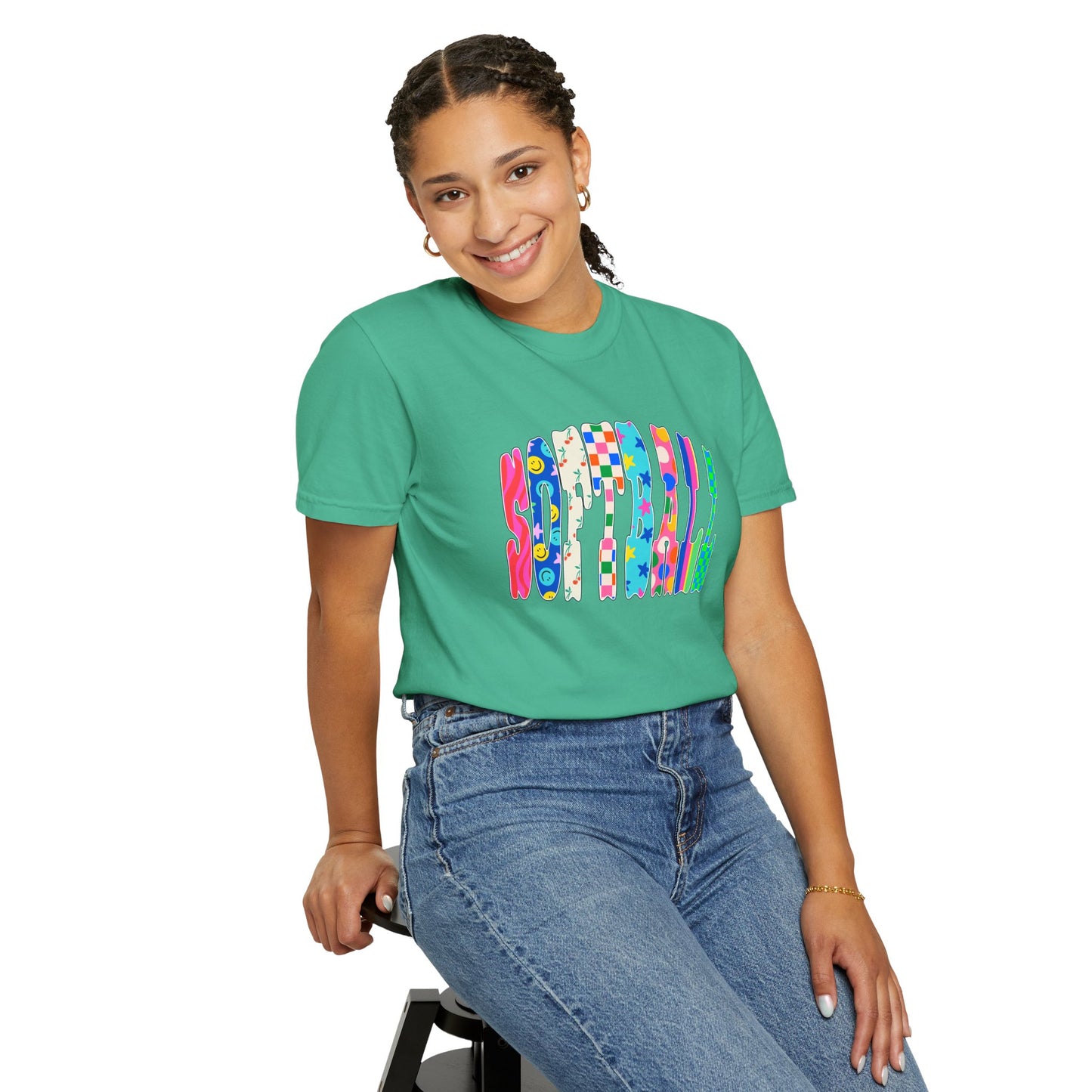 Smile Block Graphic T-Shirt — Colorful Patterned 'SMILE' Design