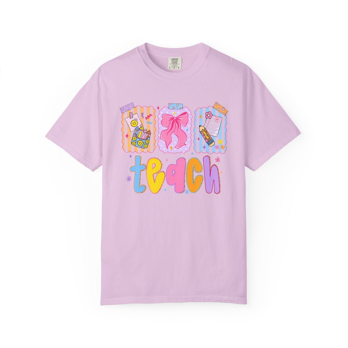 Teacher Gift T‑Shirt — Colorful 'Teach' Classroom Apple & Supplies Design