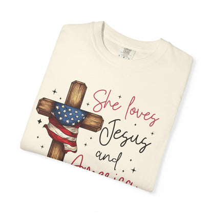 T-Shirt — "She Loves Jesus and America Too" Cross & Flag Faith Patriotic Tee