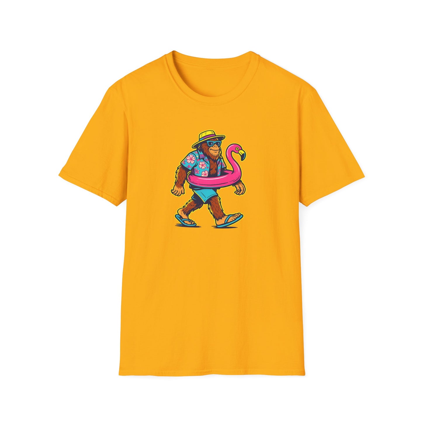 Beach Vacation Bigfoot Tee — Funny Sasquatch with Flamingo Float Shirt