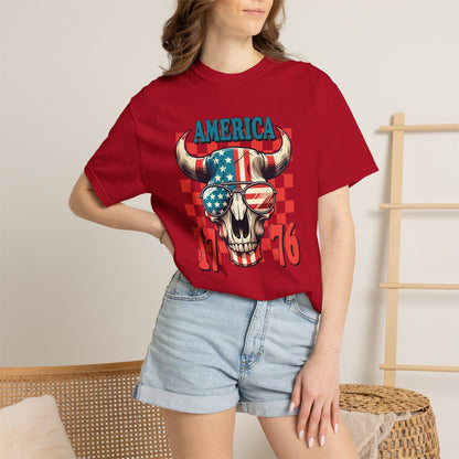 America 1776 Bull Skull T-Shirt — Patriotic Flag Graphic Tee for 4th of July