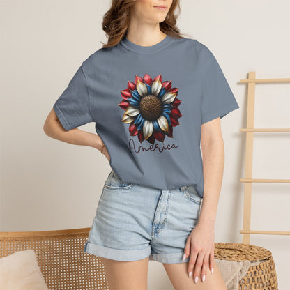 America Sunflower T-Shirt — Patriotic Red White Blue Floral Tee