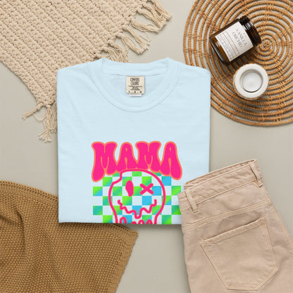 Mama Meltdown Graphic T-Shirt — Neon Checkerboard Drip Design