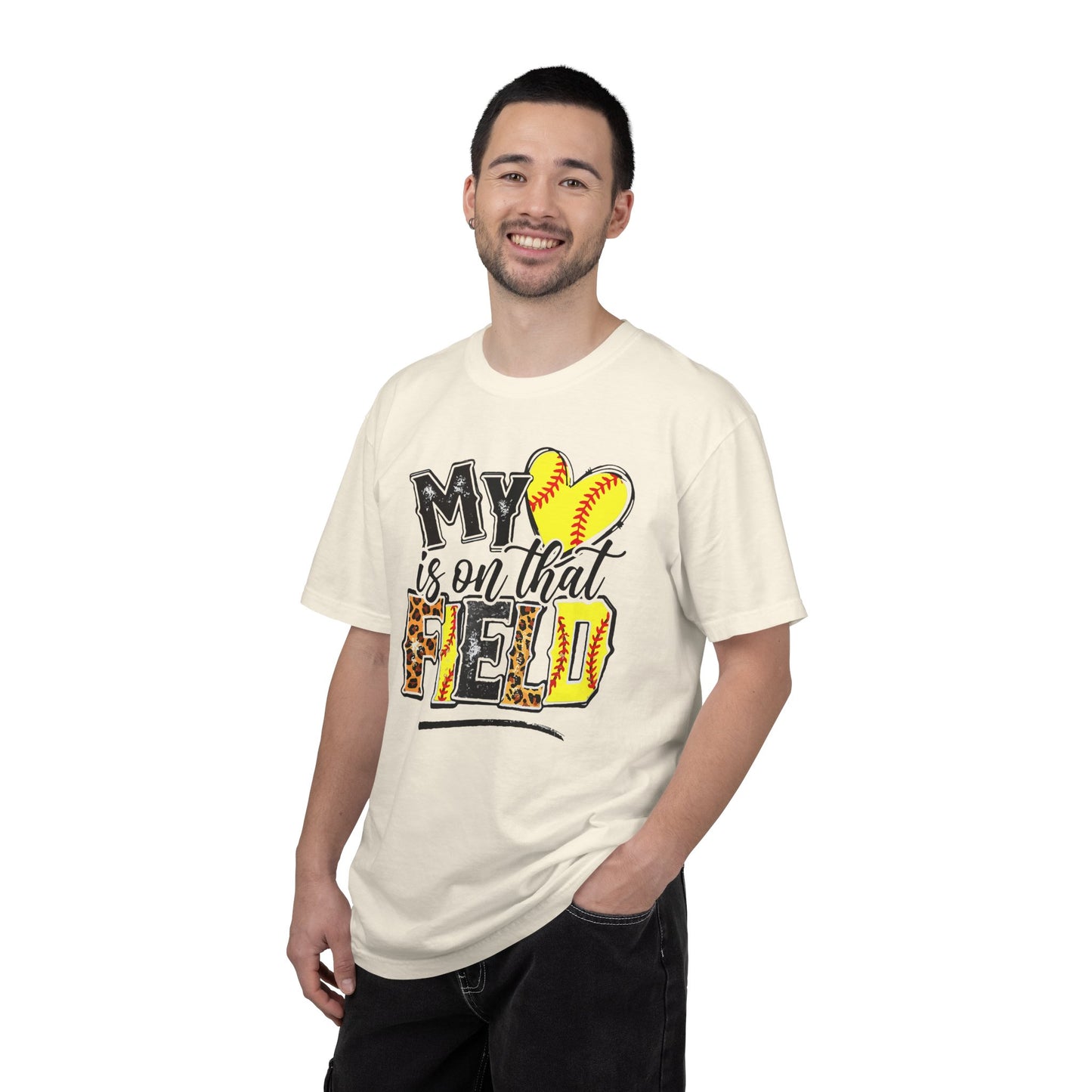 Softball Mom T-Shirt - "My Heart is on That Field" Leopard Stitch Design