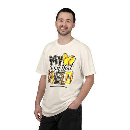 Softball Mom T-Shirt - "My Heart is on That Field" Leopard Stitch Design