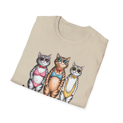 Funny Cats in Bathing Suits T-Shirt — Retro Trio Cat Beach Tee