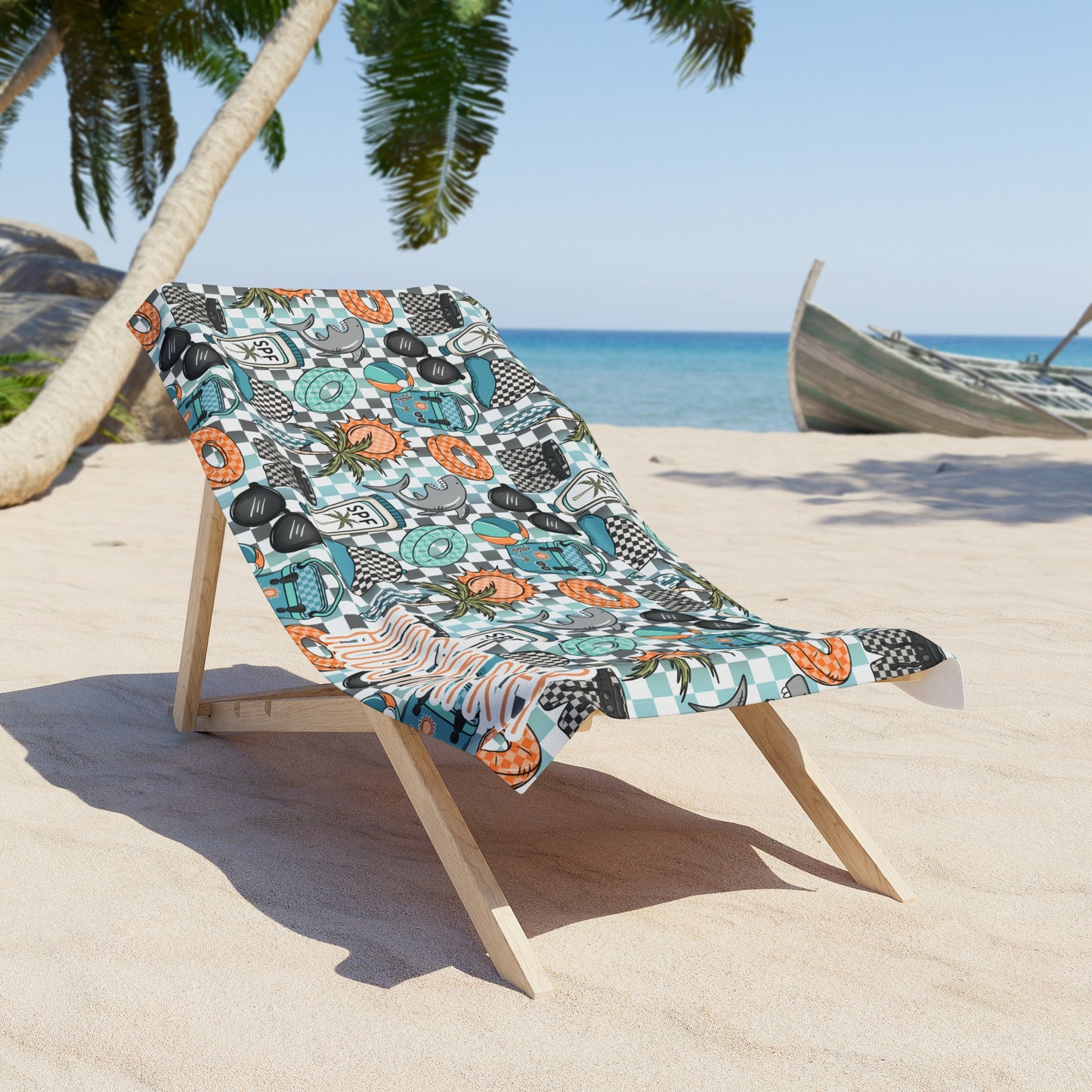 Personalized Beach Towel — Retro Summer Pattern with Sunscreen & Lifesaver Icons (Custom Name)