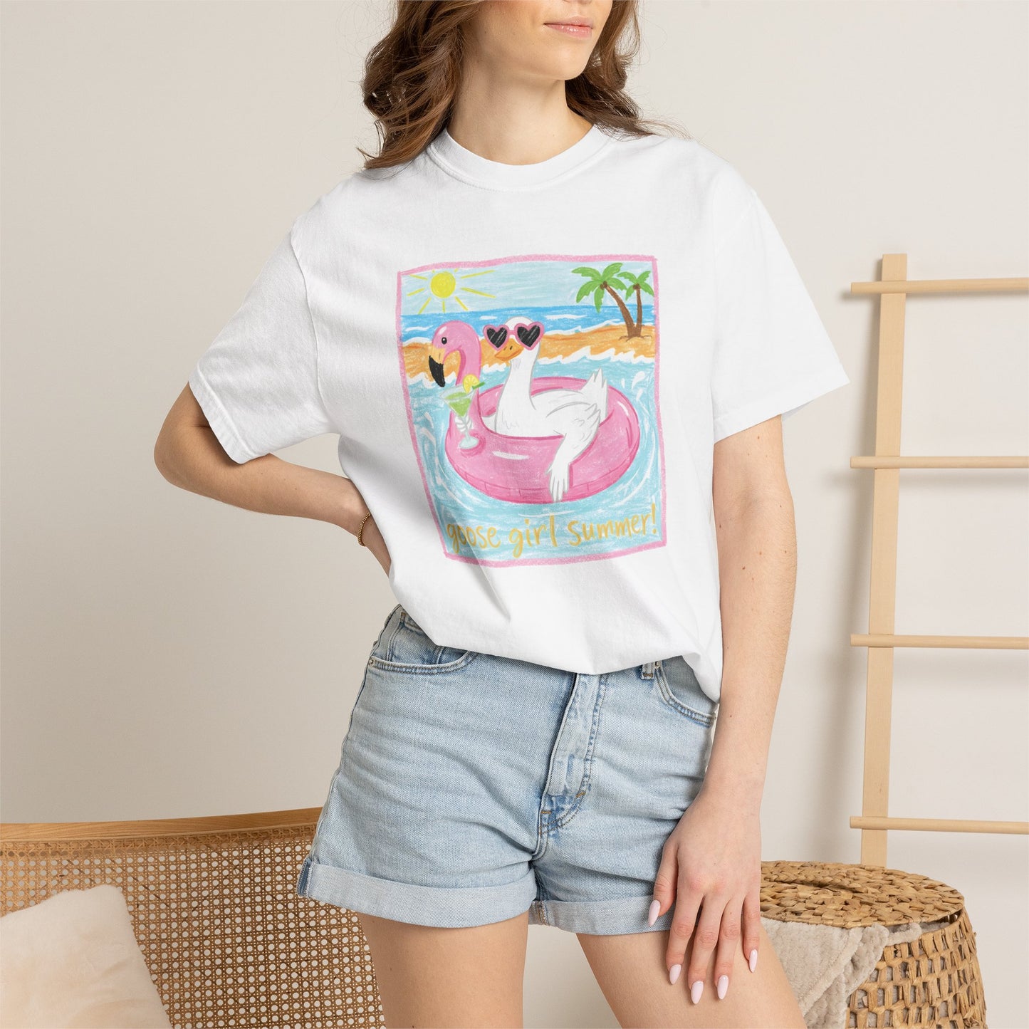 Summer Flamingo Pool Float T-Shirt – ‘Good Vibes & Sunshine’ Beach Tee