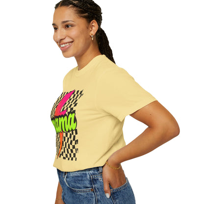 Mama Lightning Bolt T-Shirt — Retro Neon Checkered Graphic Tee for Moms