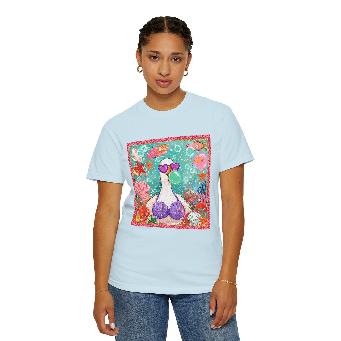 Sea Duck Mermaid T-Shirt — Whimsical Beach Graphic Tee with Sunglasses & Shell Bra