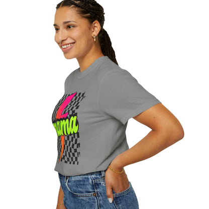 Mama Lightning Bolt T-Shirt — Retro Neon Checkered Graphic Tee for Moms